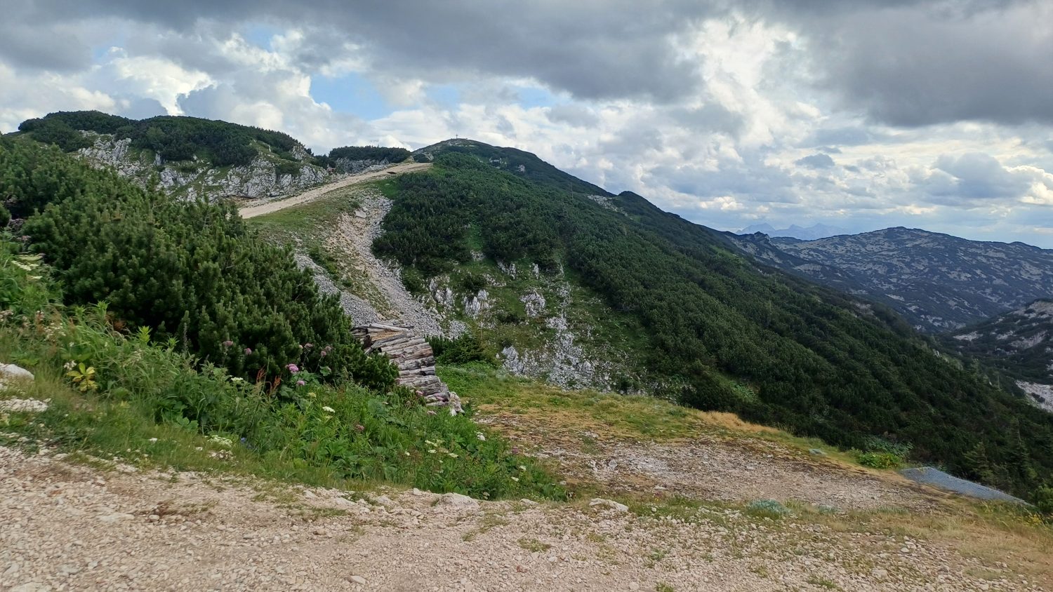 Štěrková cesta mezi klečí na Untersbergu, v dálce vrchol s malým křížem